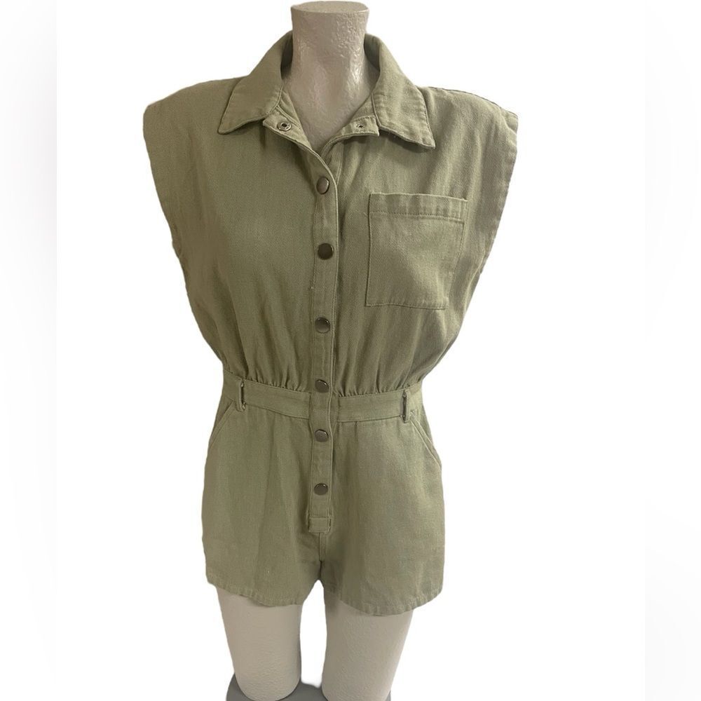 She + Sky sleeveless green denim romper, snap front, side pockets, size S